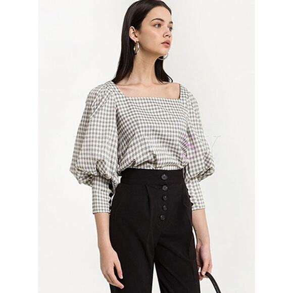 PIXIE MARKET Gingham Puff Sleeve Top Square Neck Casual Preppy Office size XS - Picture 1 of 9